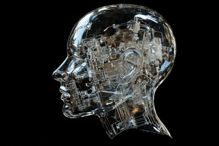 Futuristic glass human head with visible circuitry, symbolizing artificial intelligence and technology innovation. Digital and technological concept illustration.の素材