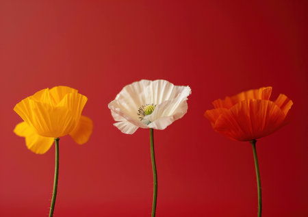 Bright and colorful flowers in yellow, white, and orange shades against a vibrant red background, symbolizing beauty and natures elegance.の素材
