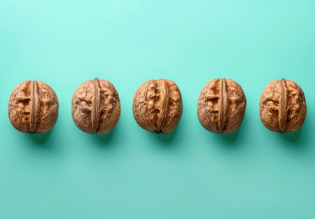Five whole walnuts arranged in a row on a mint green background, showcasing their textured shells and natural beauty. Healthy eating and nutrition concept.の素材