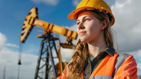Confident woman engineer wearing a safety helmet and orange jacket, standing in front of an oil pump jack. Energy industry and empowerment concept.の素材