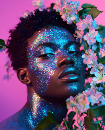 Stylish Black model with glitter makeup posing amidst pink and white flowers, showcasing vibrant colors and artistic expression. Beauty and fashion concept.の素材