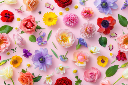 Colorful arrangement of various flowers on a pink background, showcasing vibrant petals and natural beauty. Floral decor and spring concept.の素材