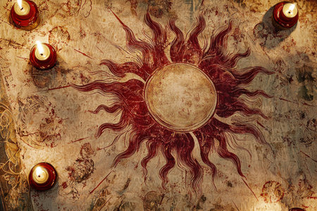 Artistic wall mural featuring a sun design surrounded by candles, creating a warm and mystical ambiance. Perfect for interior decor and spiritual themes.の素材
