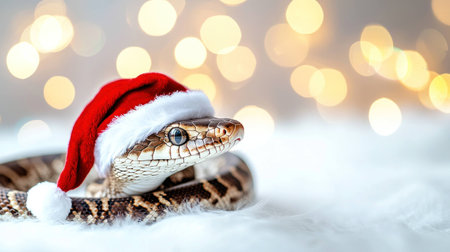 Adorable snake wearing Santa hat on fluffy surface with festive bokeh lights in the background, showcasing a playful holiday spirit and warmth.の素材
