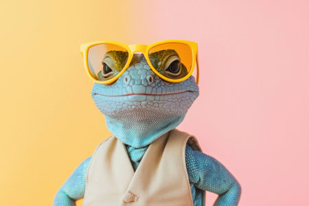 Stylish lizard wearing yellow sunglasses and a vest, posing confidently against a pink and yellow background. Fashion and personality concept.の素材
