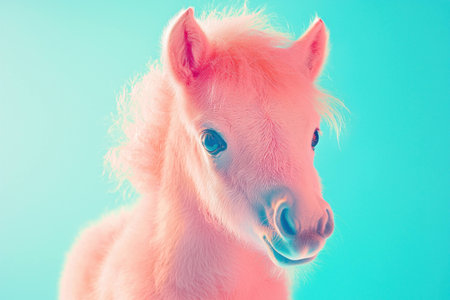 Adorable fluffy pink pony with bright eyes posing against a vibrant aqua background. Cute animal concept with a playful and whimsical touch.の素材