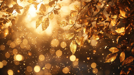 Golden autumn leaves illuminated by warm sunlight, creating a magical atmosphere with soft bokeh effects in the background. Nature and seasonal beauty concept.の素材