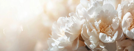 Beautiful close-up of delicate white peonies blooming in soft sunlight, creating a serene atmosphere and perfect for floral-themed designs and backgrounds.の素材