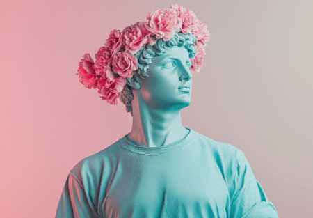 Stylish statue man with a floral crown, adorned in soft pastel colors, creating a modern artistic vibe. Concept of art and creativity in contemporary settings.の素材