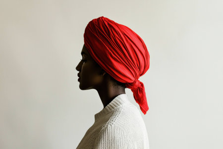 Profile of a woman with a striking red headwrap and natural skin tone, showcasing elegance and style against a neutral background.の素材