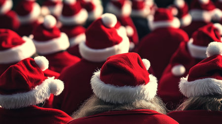 Crowd of people wearing Santa hats and red coats, celebrating Christmas festivities together in a joyful atmosphere. Holiday spirit and happiness concept.の素材
