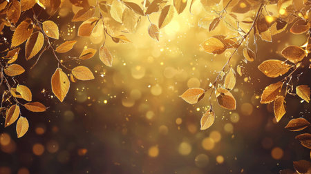 Golden autumn leaves with sparkling lights and a warm glow, creating a magical and enchanting fall atmosphere in nature.の素材