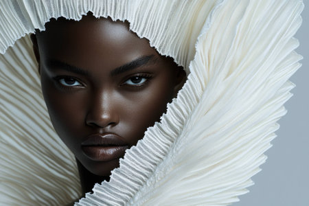 Stunning dark-skinned woman with striking features, adorned in an elaborate white ruffled collar. High fashion and beauty concept captured in soft light.の素材