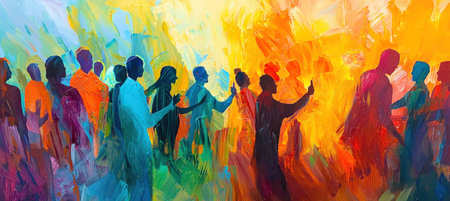 Colorful abstract painting depicting silhouettes of people interacting, surrounded by vibrant hues of orange, blue, and green. Social connection and community concept.の素材