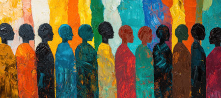 Colorful abstract painting featuring diverse silhouettes of people, arranged in a line against a vibrant background of brush strokes and textures.の素材