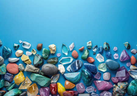 Colorful assortment of various gemstones and crystals arranged on a bright blue background. Natural beauty and mineral diversity concept.の素材