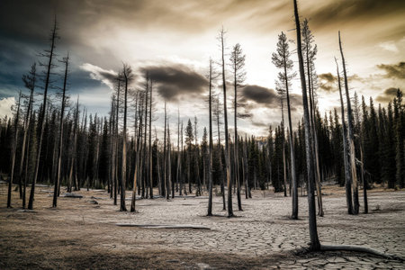 Dry landscape with charred trees standing in desolation under a dramatic sky, evoking feelings of loss and resilience in nature.の素材