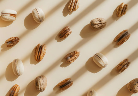 Assorted nuts scattered on a light background with soft shadows, creating a minimalist and elegant composition, perfect for healthy eating and snack concepts.の素材