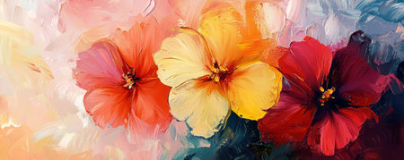 Vibrant and colorful abstract painting of blooming flowers in various shades, evoking a sense of joy and beauty in natures artistry.の素材