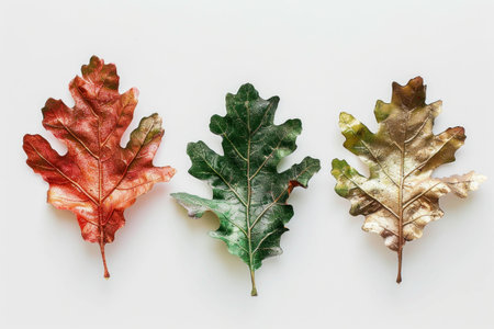 Colorful autumn leaves on a light background, showcasing shades of red, green, and gold. Nature and seasonal change concept.の素材