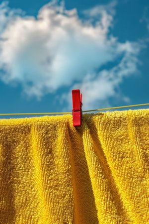Bright yellow towel hanging on a clothesline against a blue sky with fluffy clouds. Summer and outdoor laundry concept.の素材