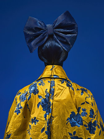 Elegant Asian woman in a vibrant yellow floral jacket, showcasing a large blue bow in her hair against a solid blue background, highlighting modern fashion aesthetics.の素材