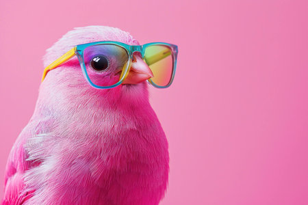 Cute pink bird wearing colorful sunglasses against a vibrant pink background, exuding a fun and playful vibe. Perfect for concept of wildlife and fashion.の素材