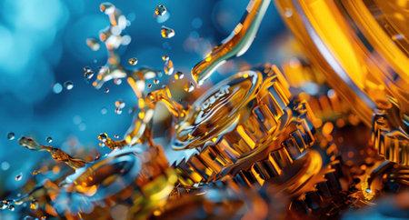 Vibrant gears surrounded by splashes of golden oil, creating a dynamic and industrial aesthetic. Concept of machinery, lubrication, and precision engineering.の素材