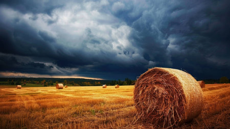 Dramatic landscape of a golden field with hay bales under dark, stormy clouds, showcasing the beauty of nature in transition.の素材