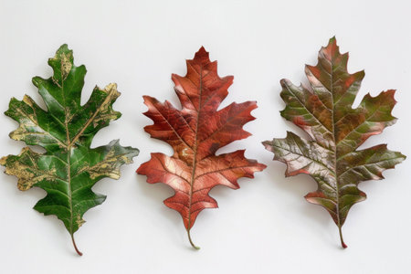 Colorful oak leaves in various stages of autumn decay, showcasing green, red, and brown hues. Natures transformation and seasonal change concept.の素材