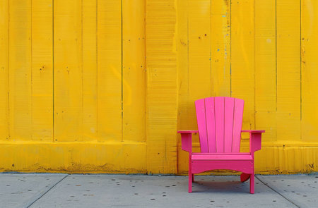 Vibrant pink Adirondack chair in front of a bright yellow wooden wall, creating a cheerful and inviting atmosphere for relaxation.の素材