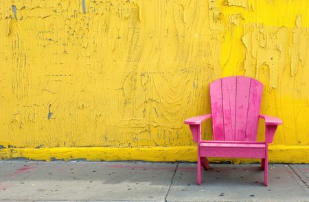 Bright pink Adirondack chair against a vibrant yellow weathered wall, creating a cheerful and inviting atmosphere. Perfect for outdoor decor and relaxation concepts.の素材