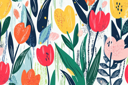 Colorful floral pattern featuring vibrant tulips and leaves, ideal for spring-themed projects and designs, evoking a fresh and joyful atmosphere.の素材