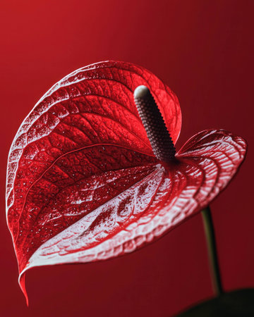 Close-up of a vibrant red anthurium flower with glossy petals against a bold red background, showcasing its unique shape and texture.の素材