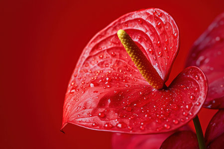 Vibrant red anthurium flower with water droplets, showcasing its heart-shaped petals against a striking red background. Perfect for floral and nature themes.の素材