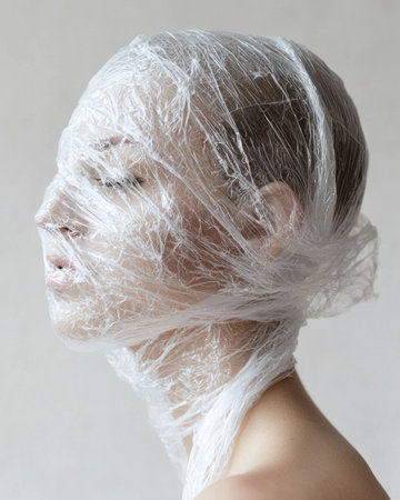Conceptual artistic portrait of a woman wrapped in plastic film, expressing emotions of confinement and vulnerability, minimalistic background.の素材