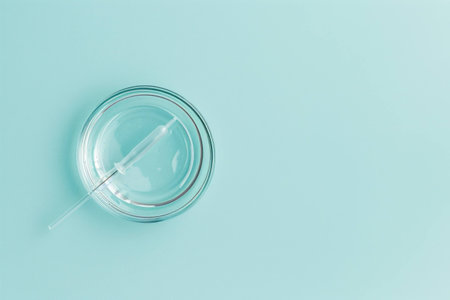 Laboratory glassware with a syringe inside, placed on a mint green background. Scientific research and medical concept for innovative practices.の素材