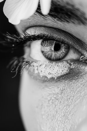 Close-up of an expressive eye with soap bubbles, emphasizing emotions and beauty care in black and white. Unique artistic concept with floral detail.の素材