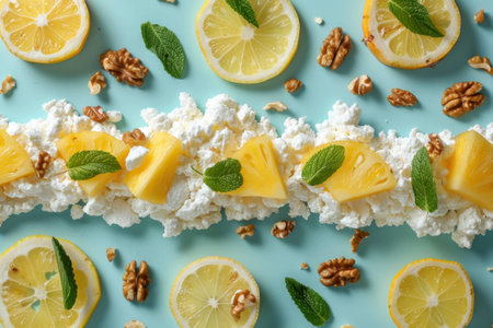 Fresh lemon and pineapple slices arranged on a light blue background with mint leaves, walnuts, and creamy cottage cheese. Summer dessert concept.の素材