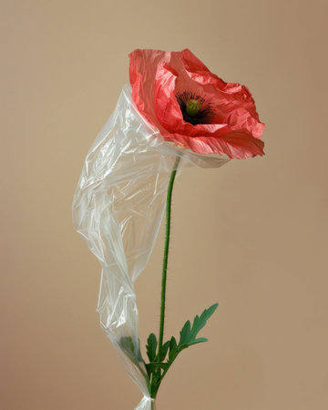 Delicate pink poppy flower encased in clear plastic wrap, symbolizing fragility and environmental awareness, against a soft beige background.の素材