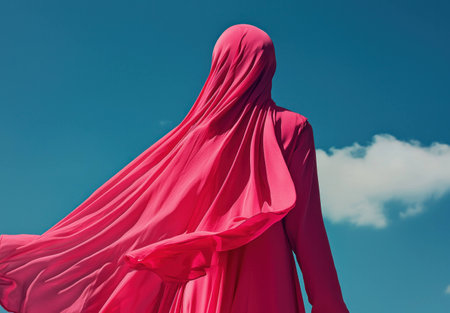 Mysterious figure in vibrant pink attire standing against a clear blue sky, conveying elegance and tranquility with flowing fabric gently moving in the breeze.の素材