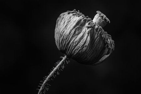 Black and white close-up of a single poppy flower, showcasing intricate details and textures of petals and stem. Nature and botanical beauty concept.の素材