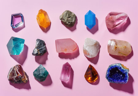 Colorful assortment of various gemstones and crystals arranged neatly on a pink background, showcasing unique shapes and vibrant hues.の素材
