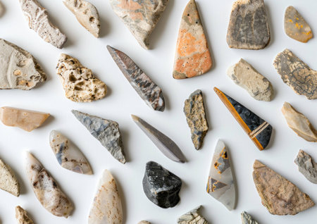 Collection of various natural stones arranged on a white background, showcasing unique shapes, textures, and colors. Natural beauty and geology concept.の素材