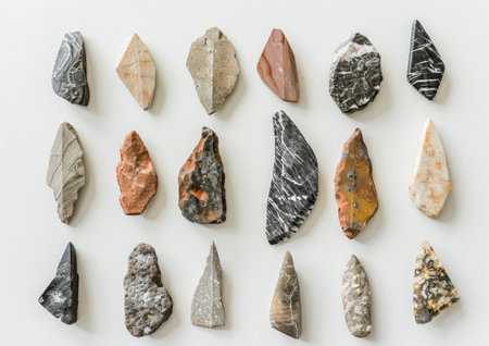 Collection of unique, natural stones arranged in a creative pattern on a light background. A variety of textures and colors showcasing natures beauty.の素材