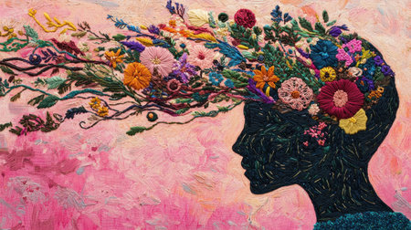 Silhouette of a woman with vibrant floral hair, creatively representing nature and femininity against a soft pink background. Artistic emotional expression concept.の素材