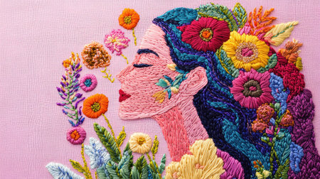 Colorful embroidery of a woman surrounded by vibrant flowers, symbolizing nature and femininity. Artistic representation of beauty and creativity.の素材