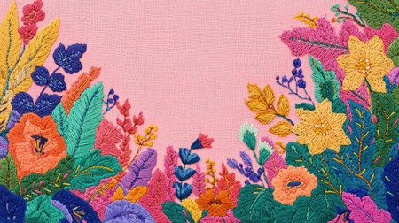 Vibrant floral embroidery design with colorful flowers and leaves on a soft pink background, perfect for textile or home decor projects.の素材