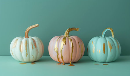 Stylish decorative pumpkins in pastel colors with gold accents, set against a soothing teal background. Autumn and seasonal decoration concept.の素材