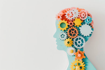 Creative human silhouette with colorful gears representing ideas and innovation, symbolizing the concept of cognitive processes and mental growth.の素材